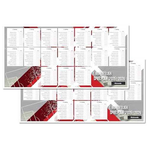 Fußball 1. Bundesliga 2025/2026 Spielplan Poster ca. 66x34cm, Fussball Plan Übersicht mit Spielterminen der Hin- und Rückrunde, XXL Überblick für Fans der Zweiten Liga für Saison 25/26, Rot, gerollt Fußball 1. Bundesliga 2025/2026 Spielplan Poster ca. 66x34cm, Fussball Plan Übersicht mit Spielterminen der Hin- und Rückrunde, XXL Überblick für Fans der Zweiten Liga für Saison 25/26, Rot, gerollt