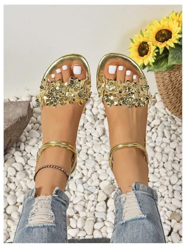GORGLITTER Women's 3D Flower Vacation Flat Sandals Metallic Ankle Strap Open Toe Dressy Sandals2