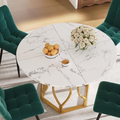Tavolo da pranzo rotondo 100 cm con struttura in metallo dorato, tavolo da cucina rotondo con piano in marmo bianco in MDF, tavolo da pranzo per 4 persone con piedini regolabili, bianco/oro
