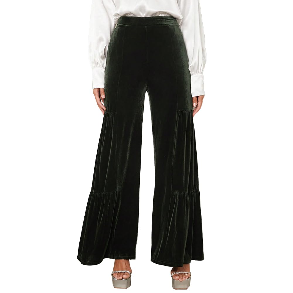 Melliflo Velvet Pants for Women High Waisted Flare Palazzo Lounge Pants Ruffle Hem Wide Leg Pants