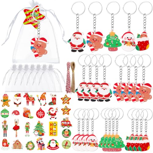 dadaji 75PCS Christmas Gift Bags 25 Set, Christma Party Favor bags,25 Organza Gift Bags（4X6in） and 25 Cute Keychain ,25 Merry Christmas Tags and Rope, Holiday Treat Bag