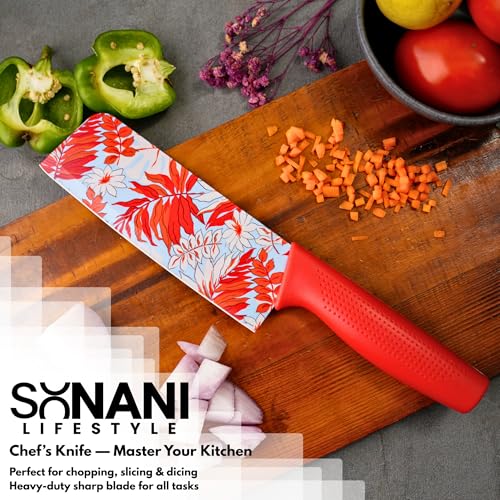 Image of Professional Piece Kitchen Knife Set - High Carbon Stainless Steel Chef, Utility & Santoku Knives with Ergonomic Blue Handles Knife (Red, 3 piece)