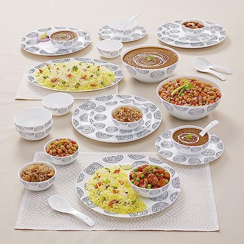 Larah By Borosil Moon Moonbeam Dinner Set- 33 Pcs, Opal Glass Dinner Plates & Bowls Crockery Set for Dinning, White