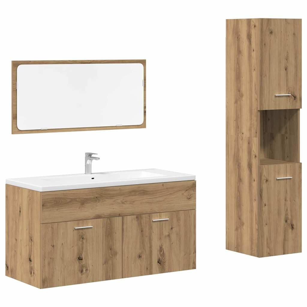 Juego de muebles de baño de 3 piezas, roble Artisan, 90 cm, armario bajo lavabo con espejo y armario alto, espacio de almacenamiento, moderno y resistente, para baños pequeños