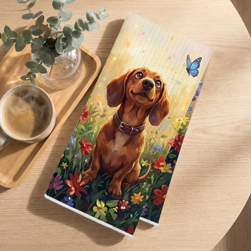 Image of 4 Pcs Cute Dachshund Floral Kitchen Towels 24x14 Inch, Floral Dachshund Gifts Reusable Dish Towels for Kitchen Bathroom Decor, Waffle Weave Absorbent Tea Towel, Weiner Dog Gifts for Women Mom Friend