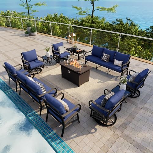 Image of 12-Piece Outdoor Furniture Set, Metal Swivel Rocking Chairs with All-Weather Cushions, Patio Conversation Set with Fire Pit Table for Deck, Porch, Garden, Backyard, Poolside (Blue Cushions)