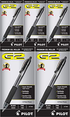 Bolígrafos Pilot G2 Premium Reasfillables y Retráctiles, Punta Fina, Tinta Negra, 12 unidades, 5 Pack