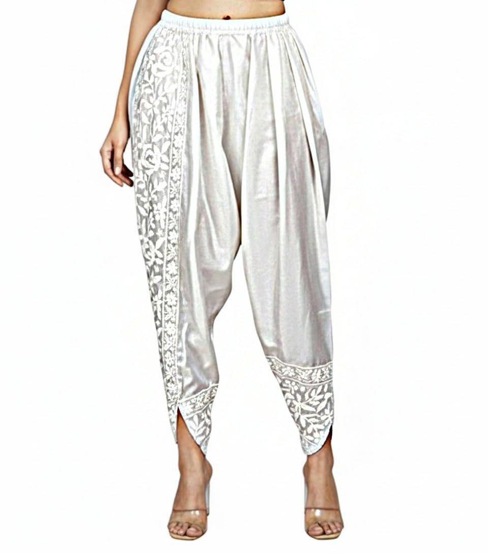 Women's Dhoti Style Pants with Floral Print Border, Elastic Waist, Available in White, Black, Silver, Green, Blue, Brown, and Lavender, Cotton-picture-42