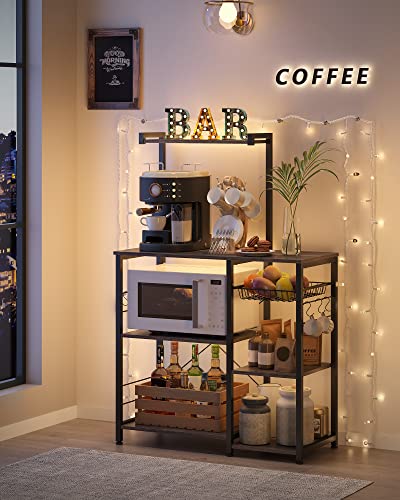 Image of VASAGLE Baker's Rack, Microwave Stand, Kitchen Storage Rack with Wire Basket, 6 Hooks, and Shelves, for Spices, Pots, and Pans, Charcoal Gray and Ink Black UKKS035B04