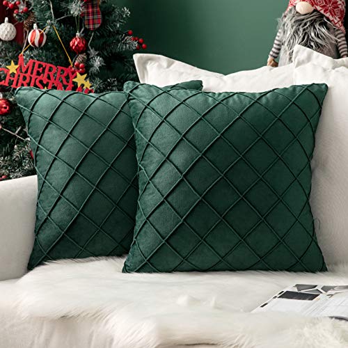MIULEE Weihnachten 2er Set Samt Kissenbezug Gitter Sofakissen Dekokissen Kissenhülle Kissenbezüge Couchkissen Kissen Samtkissen Weich Einfarbig Zierkissen für Sofa Wohnzimmer 40x40 cm Dunkelgrün