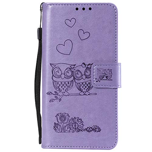 WIWJ Case Compatible with OnePlus 7 Pro,Leather Shell Cover Magnetic Flap Wallet Case Embossed Owl Pure Color PU Protective Case with Card Slots and Stand Holder -Purple