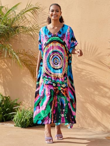 Image of KECVOT Kaftan Dresses for Women V-Neck Print Swimsuit Cover Up Plus Size Beach Caftan Lounge Dress