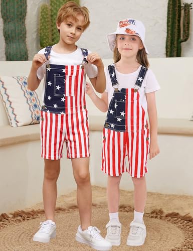 Image of OeyFnbmO Kids 4th of July Outfit Boy American Flag Overall Girl Stretch Denim Jumpsuit USA Shorts with Zipper Fly