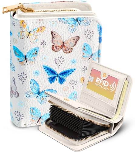 Image of Bistup Leather 12 Slot Accordion Card Holder Wallet, Butterfly | Accordion Storage, Zipper Around Closure, Compact Patterned Wallet for IDs, Cards, Cash, Daily Carry and Gifts