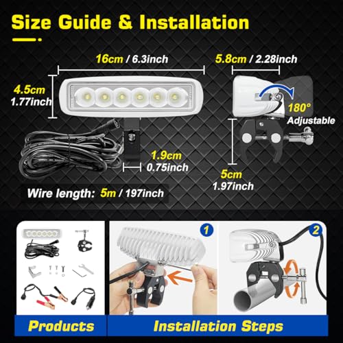 Portable LED Boat Lights With Mounting Clamp, Flexible 6.3inch Super Bright Waterproof Marine Spotlight Flood Light Two Way Power 12V 24V LED Light Bar for Kayak Bass Jon Fishing T-Top Deck Truck 4x4