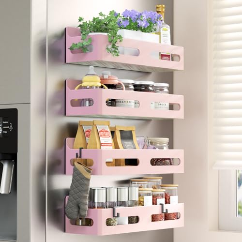 Image of Sevenblue 4-Pack Magnetic Spice Rack for Refrigerator with Hooks, Pink | Strong multipurpose magnetic shelf for kitchen & bathroom organization. Includes 4 removable hooks for hanging items.