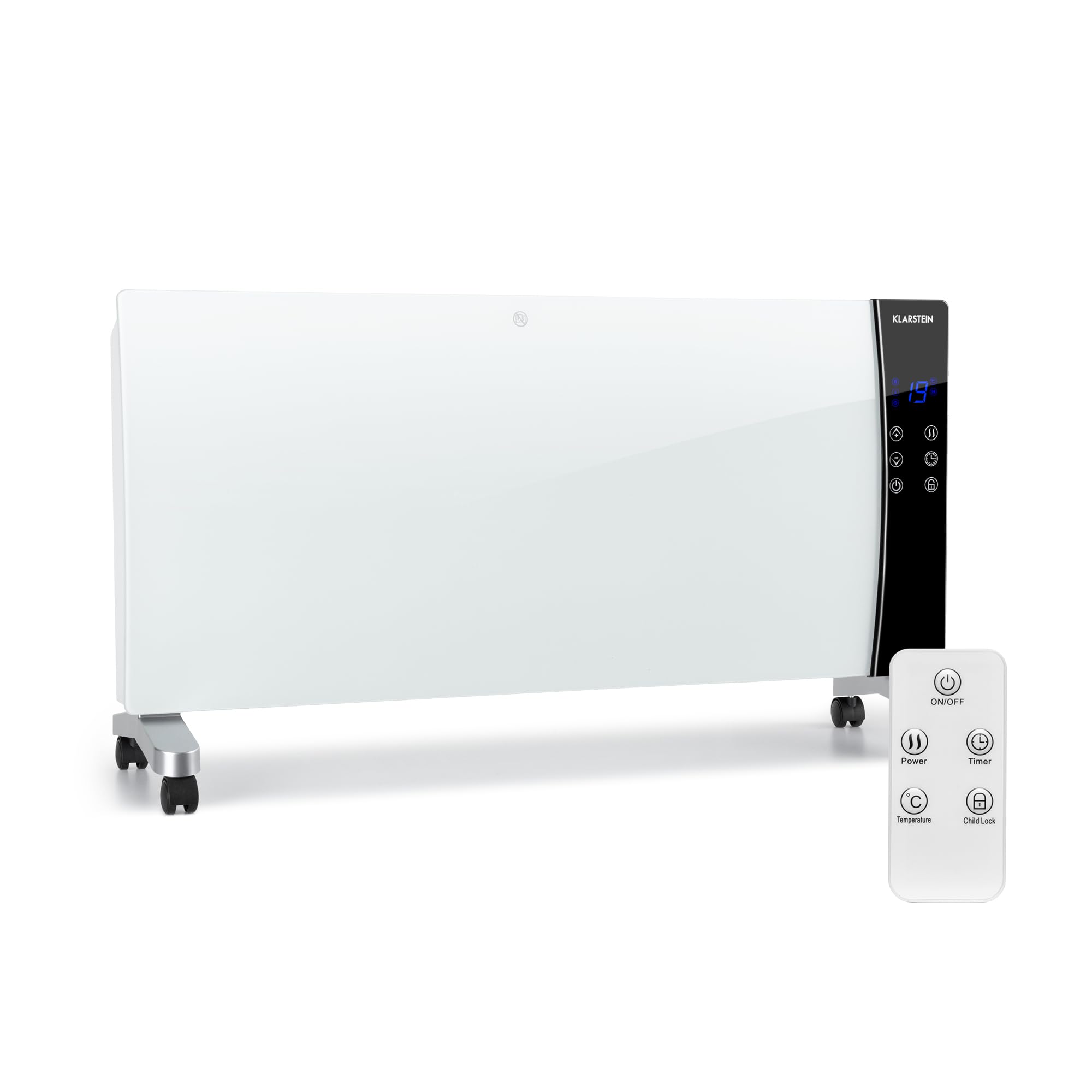 Klarstein Lindholm Chauffage à convection, Écran LED, Panneau tactile, Télécommande, Minuterie, 2 niveaux : 1000 ou 2000 W, Thermostat 16-40 °C, Sécurité enfant, Protection surchauffe, blanc