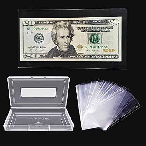 Dollar Bill Holder with Storage Case, MUDOR PP Material 100 Pieces Clear Paper Money Currency Collection Sleeves Protector Bag, Banknotes Protector Slab Holder Cover
