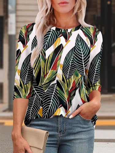KISSMODA Tunic Tops for Women Loose Fit Dressy Round Neck Pleated 3/4 Length Sleeve Spring Tops