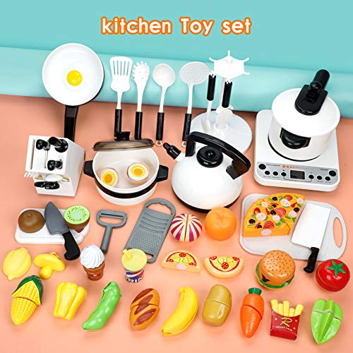 Koonie 50PCS Kitchen Toys, Pretend Play Kitchen Set with Electronic Induction Cooktop, Pressure Pot and Pans, Cutting Play Food, Play Cooking Utensils for Toddlers, Kids, Girls, Boys Learning Gift