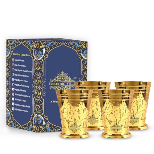 Image of INDIAN ART VILLA Brass Embossed Flower Design Julep Glass, Traditional Drinking Tumbler for Water, Lassi, Buttermilk & Beverages, Drinkware for Home, Restaurant & Gifting, 300 ML, Set of 4