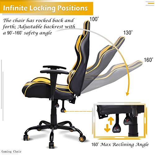 FERGHANA Video Gaming Chair,Racing Style Computer Chair,High Back Office Chair with Seat Height Adjustment,160°Recliner,Massage Lumbar Pillow and Headrest(Racing Yellow) - Thumbnail 5