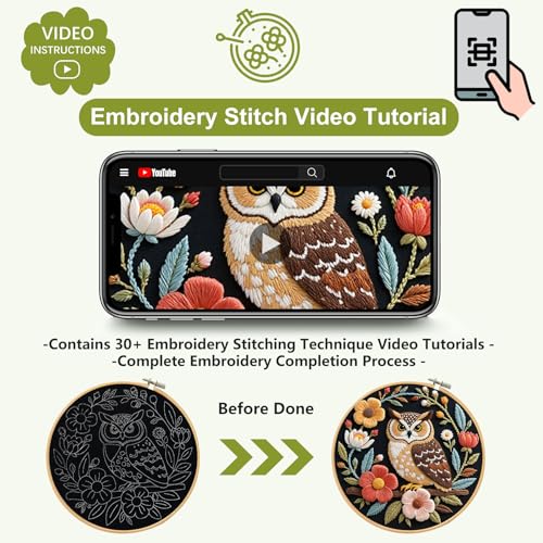 Image of Santune Embroidery Kit for Beginners Needlepoint Cross Stitch Kits Adult Needle Point Sets with Owl Embroidery Patterns, Includes Step-By-Step Instructions and Accessories