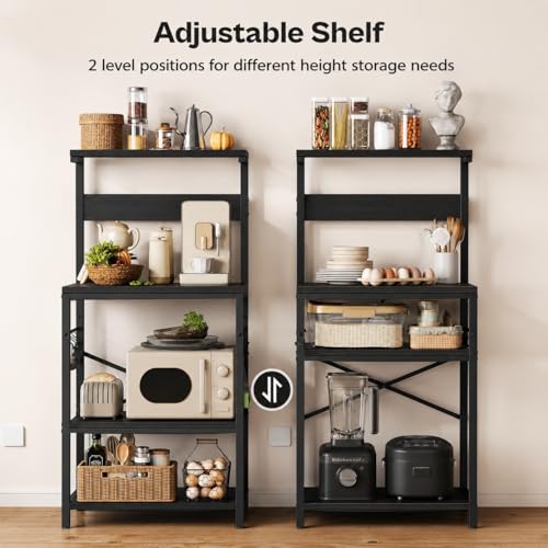 Image of 4-Tier Baker's Rack and Coffee Bar Table | Kitchen Microwave Stand with 6 S-Hooks | Storage Shelf for Spices, Pots and Pans | Black | 60x40x125 cm