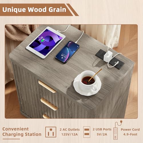 Image of LEYAOYAO 23 inch Wide Fluted Night Stand with Charging Station,3 Drawers Large End Table with Storage,Grey Nightstand Wood Bedside Tables, Farmhouse Cabinet Dresser for Bedroom,Closet