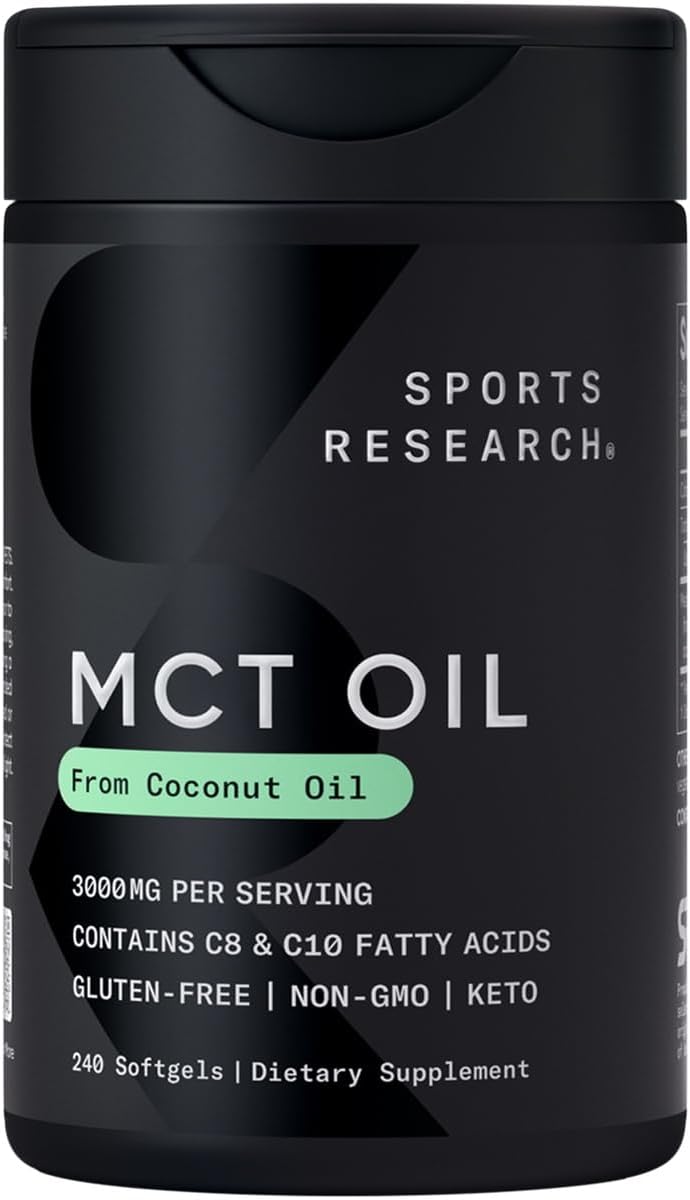Sports Research® Coconut MCT Oil 3000mg - Keto Brain & Body Fuel - C8 + C10 MCT Oil from Coconut · Keto · Non-GMO - Gluten Free - 240 Softgels