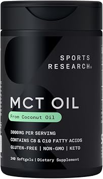 زيت جوز الهند MCT من Sports Research 3000 مجم - وقود الدماغ والجسم الكيتو - C8 + C10 زيت جوز الهند MCT من جوز الهند الكيتو غير المعدل وراثيًا - خالٍ من الجلوتين - 240 كبسولة هلامية
