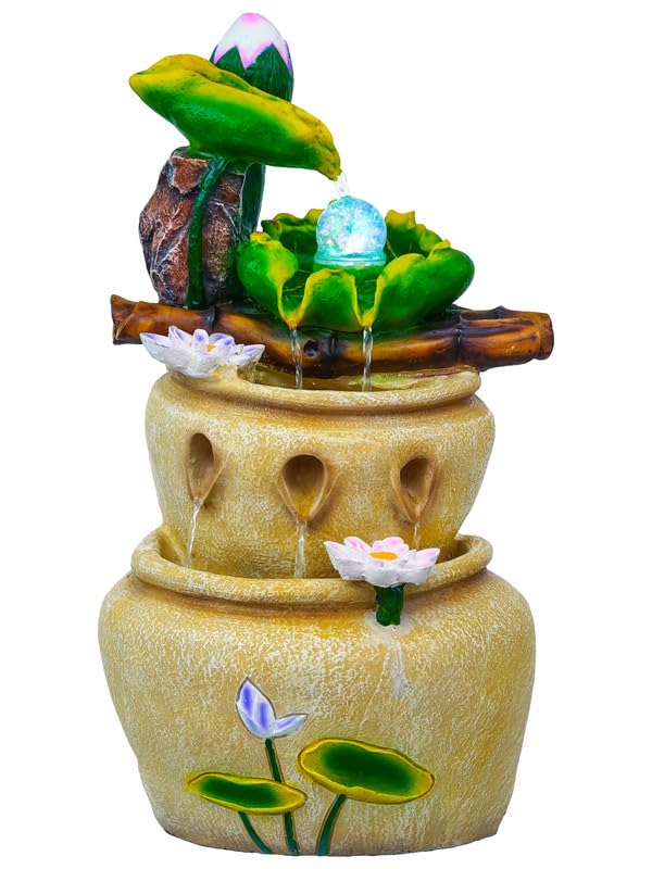 Image of Polyresin Designer Tabletop 4 Steps Indoor Water Fountain for Home Decor with LED Light, Speed Controller Pump & Crystal Ball (Size: 30 x 23 x 57CM |Color: Multi | Weight: 4055 Gram)