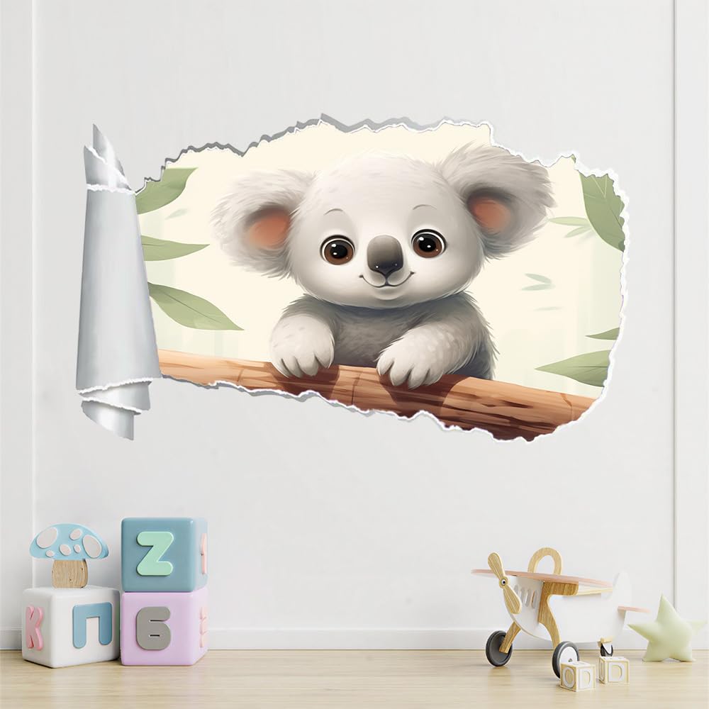Decalcomanie da muro Art 3D Fracassato Animali Koala Adesivi murali Foglie Carta da parati Camera da letto autoadesivo per ragazze Camera da letto Nursery Home