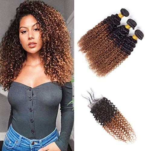 Kinky Curly Human Hair Bundles With 4x4 Closure Two Tone Ombre Virgin Hair Brown T1B/30 3 Bundles Brazilian Hair 8A Grade Soft Brazilian Hair Extensions(20 22 24 +18)