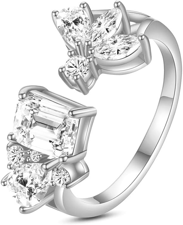 Adjustable Eternity Ring, 14K Gold Emerald and Pear Moissanite Open Wedding Rings for Women