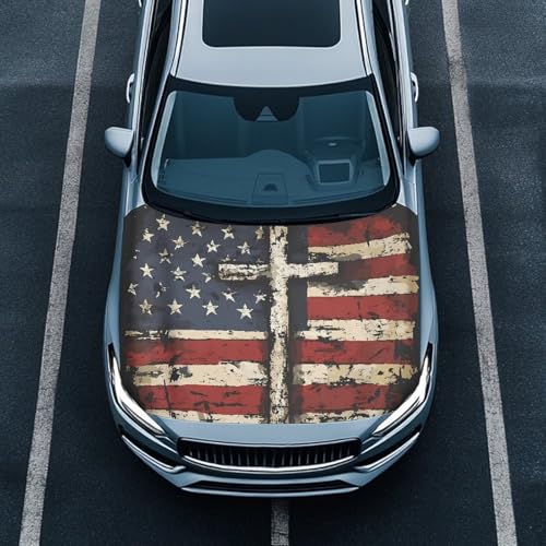 Image of Cross Car Hood Cover Patriotic American Flag Car Front Hood Cover with Elastic Band Universal Car Bonnet Banner Auto Accessory Universal Fit for Most Cars Sedans, 4th of July