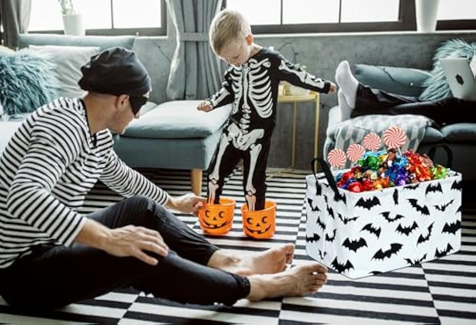 KUNRO Bat Pattern Halloween Storage Gift Basket Canvas Storage Bins with Handles Rectangle Storage Cubes Organizer for Bedroom Living Room