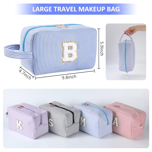 Personalized Initial Makeup Bag A-Z, Travel Toiletry Bag Preppy Make Up Bags Girls Cute Cosmetic Pouch Makeup Organizer Wedding Birthday Mothers Day Gifts for Women (Blue, A)3