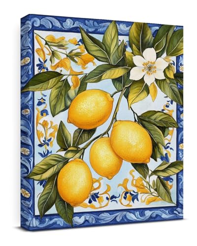 Vintage Lemon Canvas Wall Art Italian Maiolica Tile Lemons Print Poster Framed Picture Painting for Home Living Room Bedroom Decor 8x10 Inch