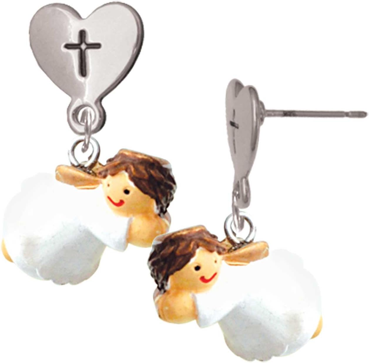 Delight Jewelry Resin Flying Angel Silvertone Cross in Heart Post Dangle Earrings