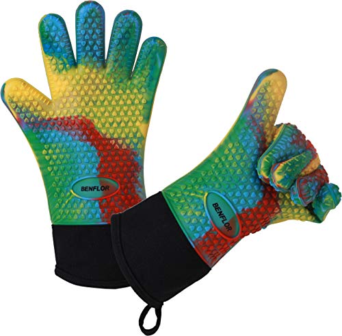 Benflor Cooking Gloves,BBQ Heat Resistant Gloves,Double-layer Silicone Gloves with Extra Cuff, Cotton Oven
