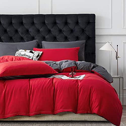 Gezu - Funda nórdica de 220 x 240 cm, color rojo y gris liso, reversible, juego de cama para 2 personas, microfibra con cremallera, juego de funda nórdica con 2 fundas de almohada de 65 x 65 cm