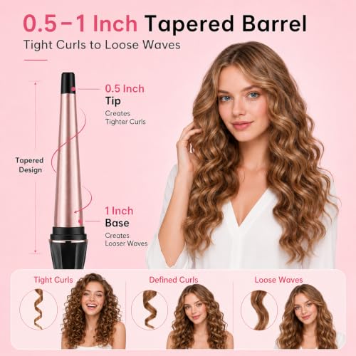 Image of Hahahope Curling Wand 1 /2-1 Inch Tapered Curling Iron, Ceramic Curling Wand Clamp-Free Hair Curler for Tight Curls, Beach Waves, Spiral & Ringlet Curls, Dual Voltage Travel Styling, 2 Heat Settings