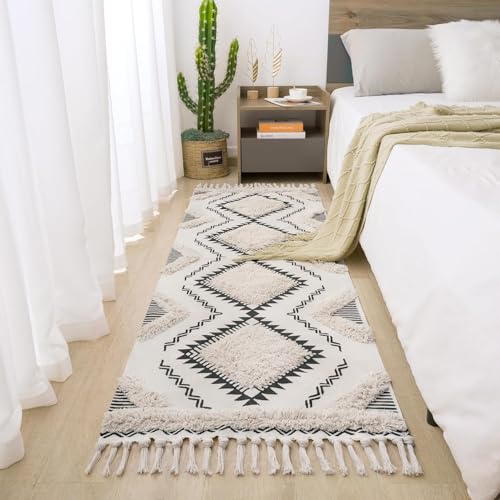 ALSTONIA Hand Woven Tufted 100% Natural Cotton Export Quality Designer Rug,Carpet, Bed Side Runner with Tassels for Bedroom,Living Room, Size-2x5 feet