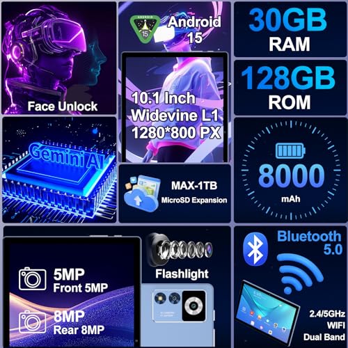Image of 2026 Android 15 Tablet with Keyboard | Gemini AI, 30GB+128GB Octa-Core Electronics Tablets w / 10 Inch IPS HD Display, 8000mAh, 5G WiFi, 1TB Expand, Mouse+Case, BT 5.0, Widevine L1, Metal Body -Blue
