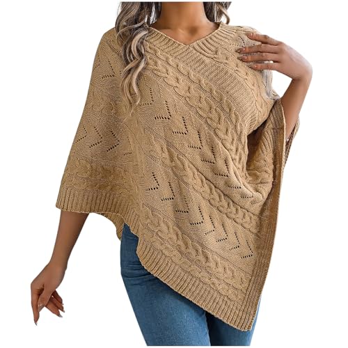 Poncho Knitted Cape Shawl Wrap Cardigan for Women Elegant Wrap V Neck Cable Knit Hollow Out Pullover Sweater Jumper Top