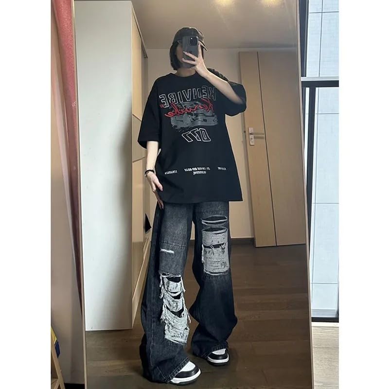 Women's Gothic Pants Vintage Korean Fashion Y2k Streetwear Ripped Pants Harajuku Casual Wide Leg Denim Trousers4