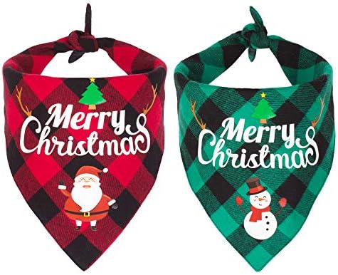 ADOGGYGO 2 Pack Dog Bandana Christmas Classic Plaid Pet Scarf Triangle Bibs Kerchief Merry Christmas Santa Snowman Print Pet Bandana for Medium Large Dogs Pets (Large, Red&Green)