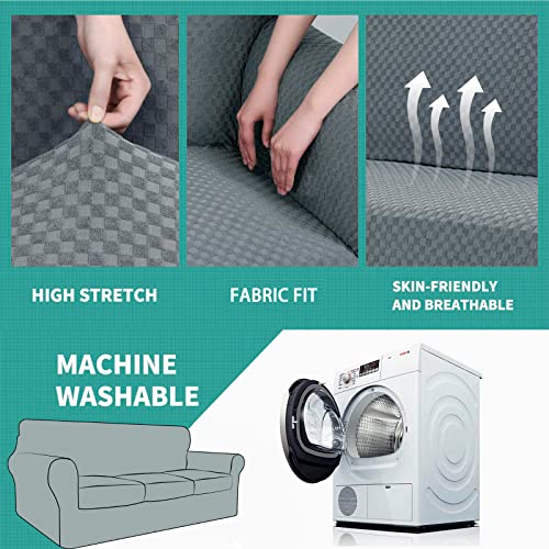Yemyhom Latest Checkered 4 Pieces Couch Covers For 3 Cushion Couch High Stretch Thickened Sofa Cover For Dogs Pets Elastic Slipcovers Living Room Furniture Protector (Light Gray), 71"-91"(3 Cushions) #TOP5