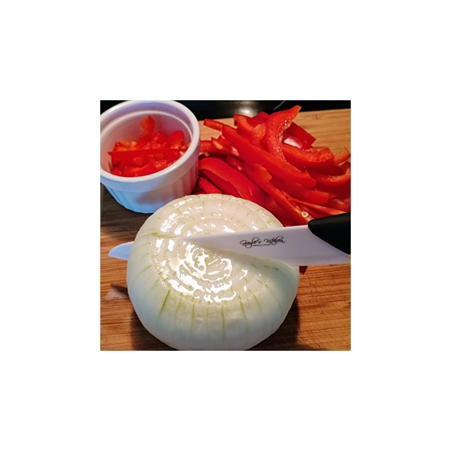 Serrated Black Ceramic Knife Set with 5" Serrated Knife. Includes 3”, 4”, 5”, 6” Ceramic Knives, Matching Sheaths and a Matching Vegetable Peeler in a Black Gift Box